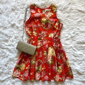Coral flower print mini dress (The clutch handbag NOT included)